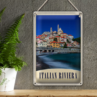 Blechschild Reise 20x30cm Italien Riviera Stadt Strand Wellen