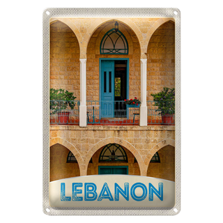 Blechschild Reise 20x30cm Libanon Gebäude blaue Tür Urlaub