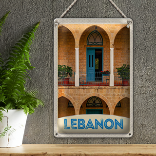 Blechschild Reise 20x30cm Libanon Gebäude blaue Tür Urlaub