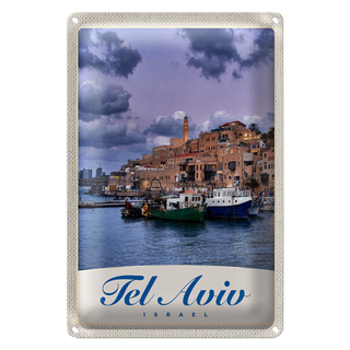 Blechschild Reise 20x30cm Tel Aviv Stadt Meer Boote Urlaub