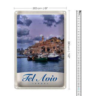 Blechschild Reise 20x30cm Tel Aviv Stadt Meer Boote Urlaub