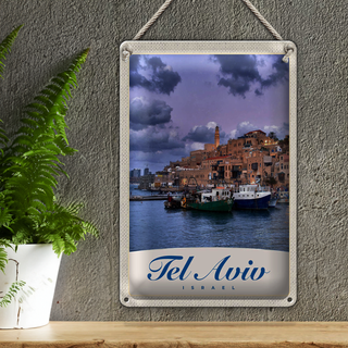 Blechschild Reise 20x30cm Tel Aviv Stadt Meer Boote Urlaub