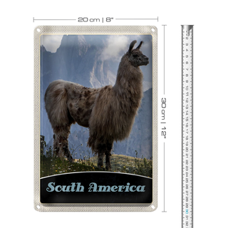 Blechschild Reise 20x30cm Süd Amerika Lama Gebirge Wiese