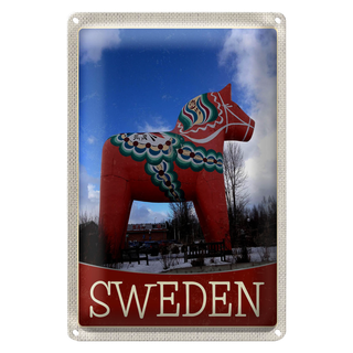 Blechschild Reise 20x30cm Schweden rotes Pferd Skulptur