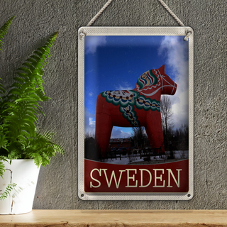 Blechschild Reise 20x30cm Schweden rotes Pferd Skulptur