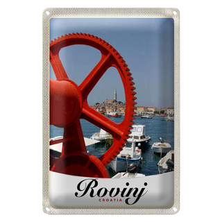 Blechschild Reise 20x30cm Rovinji Kroatien Boote rot Haus