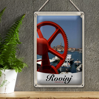 Blechschild Reise 20x30cm Rovinji Kroatien Boote rot Haus