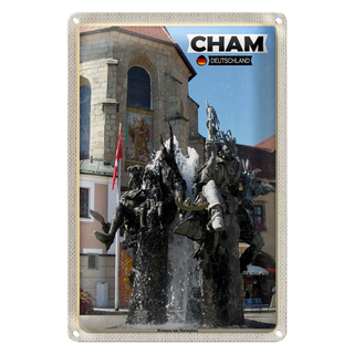 Blechschild Städte Cham Brunnen am Marktplatz 20x30cm