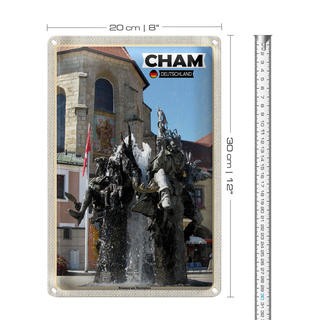 Blechschild Städte Cham Brunnen am Marktplatz 20x30cm