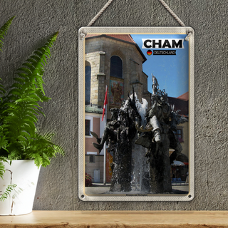Blechschild Städte Cham Brunnen am Marktplatz 20x30cm