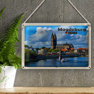 Blechschild Städte Magdeburg Dom Fluss Architektur 30x20cm
