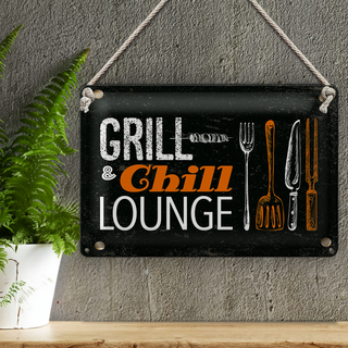 Blechschild Spruch Grill & Chill Lounge Grillen 30x20cm