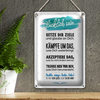 Blechschild Spruch Glücklich sein setze dir Ziele 20x30cm