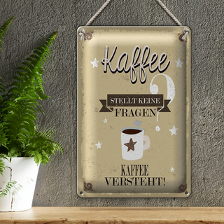 Blechschild Spruch Kaffee stellt keine Fragen 20x30cm