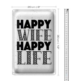 Blechschild Spruch Frau Happy wife happy Life 20x30cm weißes Schild