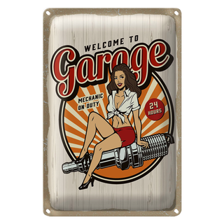 Blechschild Spruch Pinup Welcome to Garage Mechanic on 20x30cm