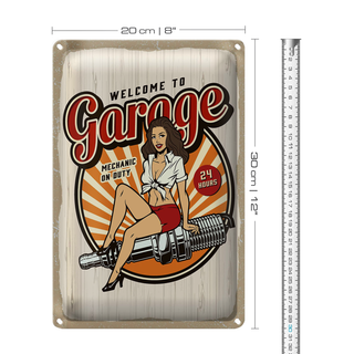 Blechschild Spruch Pinup Welcome to Garage Mechanic on 20x30cm