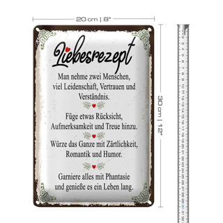 Blechschild Spruch Liebesrezept man nehme 2 Menschen 20x30cm