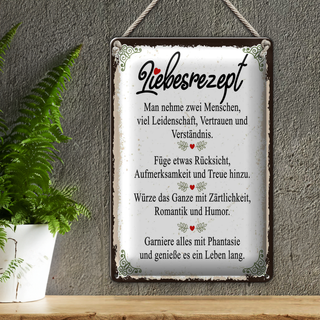 Blechschild Spruch Liebesrezept man nehme 2 Menschen 20x30cm