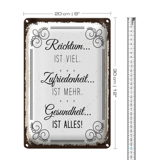 Blechschild Spruch Reichtum viel Zufriedenheit mehr 20x30cm