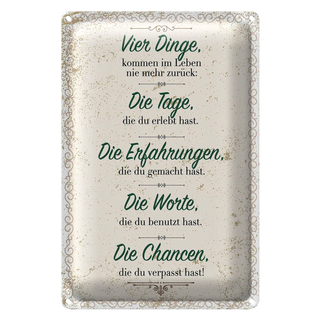 Blechschild Spruch Vier Dinge kommen nie zurück 20x30cm