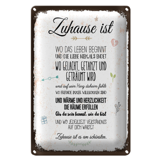 Blechschild Spruch Zuhause ist wo das Leben beginnt 20x30cm