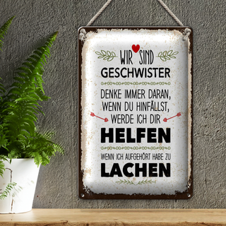 Blechschild Spruch Geschwister wir lachen helfen 20x30cm