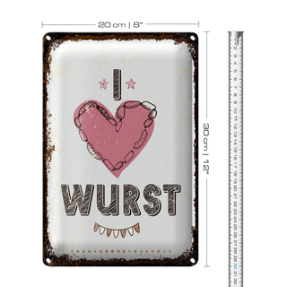 Blechschild Spruch Essen I love Wurst Herz 20x30cm