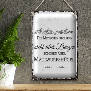 Blechschild Spruch Menschen stolpern nicht über Bergen 20x30cm