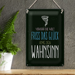 Blechschild Spruch Glück vergiss Welt atme Wahnsinn 20x30cm