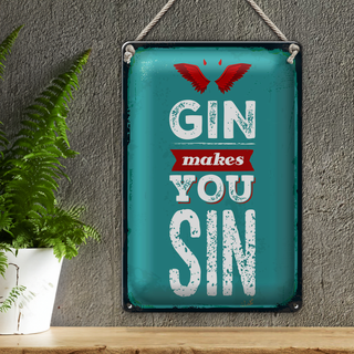 Blechschild Spruch Gin makes you Sin Devil Hell 20x30cm