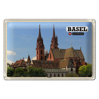 Blechschild Reise Basel Schweiz Münster Kirche 30x20cm