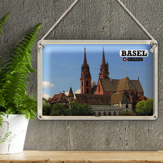 Blechschild Reise Basel Schweiz Münster Kirche 30x20cm