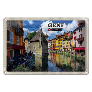 Blechschild Reise Genf Schweiz Altstadt Fluss 30x20cm