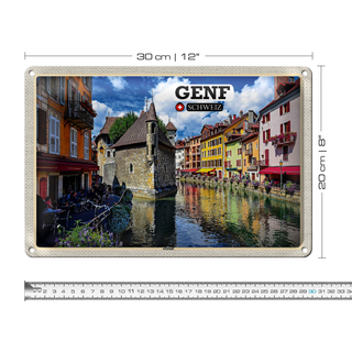 Blechschild Reise Genf Schweiz Altstadt Fluss 30x20cm