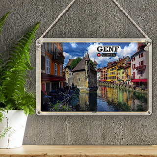 Blechschild Reise Genf Schweiz Altstadt Fluss 30x20cm