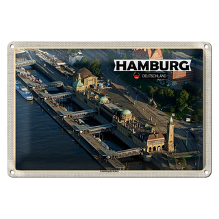 Blechschild Städte Hamburg Blick auf Landungsbrücken 30x20cm