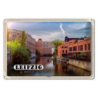 Blechschild Städte Leipzig Plagwitz Fluss Gebäude 30x20cm