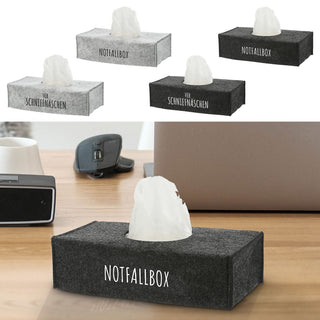 Tücherspender Abdeckung 2er Set 25x13x6cm Filz hellgrau Aufdruck "Für Schniefnäschen" "Notfallbox"