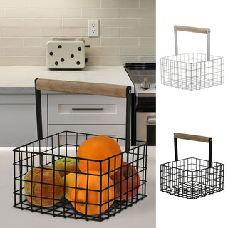 Metallkorb quadratisch Henkel Kiefernholz 21x18cm Obstkorb Utensilienkorb weiß/schwarz Henkelkorb Gitterkorb