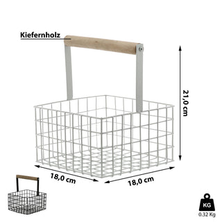 Metallkorb quadratisch Henkel Kiefernholz 21x18cm Obstkorb Utensilienkorb weiß/schwarz Henkelkorb Gitterkorb