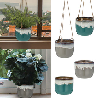 Pflanztopf Steinzeug türkis / grau Freistehend / zum Aufhängen 14x13,5cm Übertopf Blumentopf Topf Steintopf