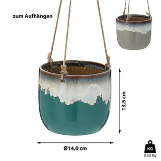 Pflanztopf Steinzeug türkis / grau Freistehend / zum Aufhängen 14x13,5cm Übertopf Blumentopf Topf Steintopf