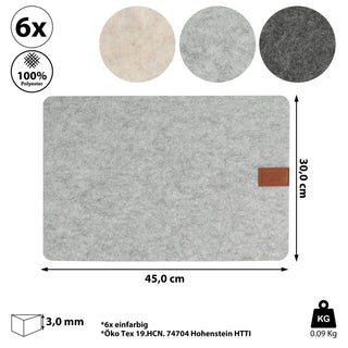 6x Tischset Filz mit Label beige/hell-/dunkelgrau 45x30cm Tischdekoration Platzdecken Filzuntersetzer Platzset runde Ecken