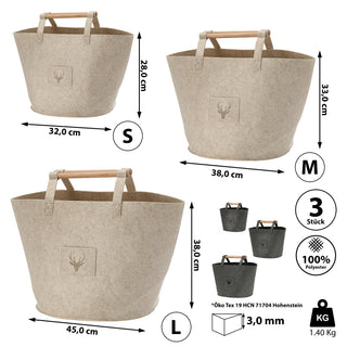 Filztaschen 3er Set Hirschkopf S/M/L beige/dunkelgrau Hirschmotiv Holzgriff Filzkorb Tasche Aufbewahrungstasche Korb