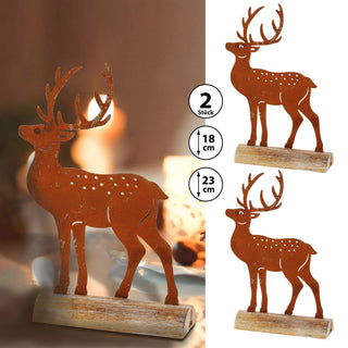 2x Fensterbankdeko Rentier Holzsockel Rostoptik H:18/23cm Hirsch Waldtier Weihnachtsdeko