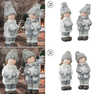 Winterkinder Junge Mädchen H:15/21cm Kinderpaar Paar Terracotta Polyester Frostlook Herz Stern Winterdekoration Dekofigur