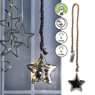 LED Stern Juteseil zum Aufhängen 10/15 LEDs Timer Ø:10/15cm anthrazit verspiegelt Leuchtstern Glasstern Weihnachtsstern Fensterdeko