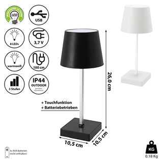 LED Tischleuchte weiß/schwarz batteriebetrieben 11x26cm Touchfunktion 3 Helligkeitsstufen Dekolampe Tischbeleuchtung
