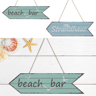 Türschild "Strandhaus"/"Beach Bar" 12x40x1cm Holz hellblau / türkis maritim Hinweisschild Richtungspfeil Türhänger Holzschild Dekoschild